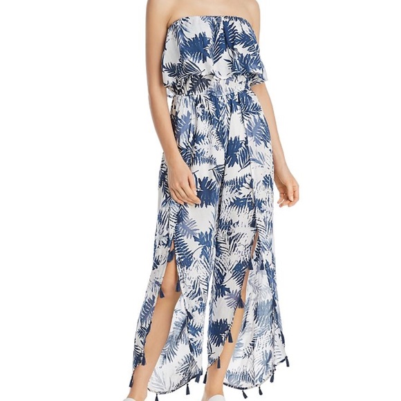 Surf Gypsy Other - Surf Gypsy Denim Palm Leaf Print Ruffled Jumper Swim Cover-up Size Small Pom-Pom